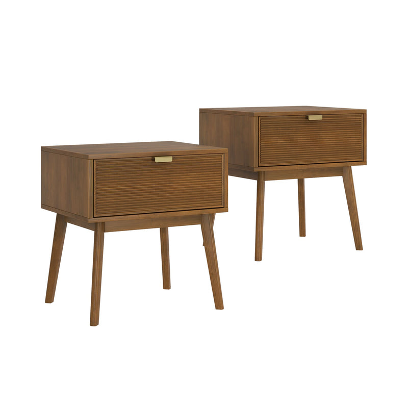 Pair of mid-century modern walnut nightstands with tambour drawer fronts, brass pulls and tapered legs