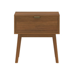 Mid-century modern walnut nightstand bedside table with tambour door, brass pull handle and tapered legs