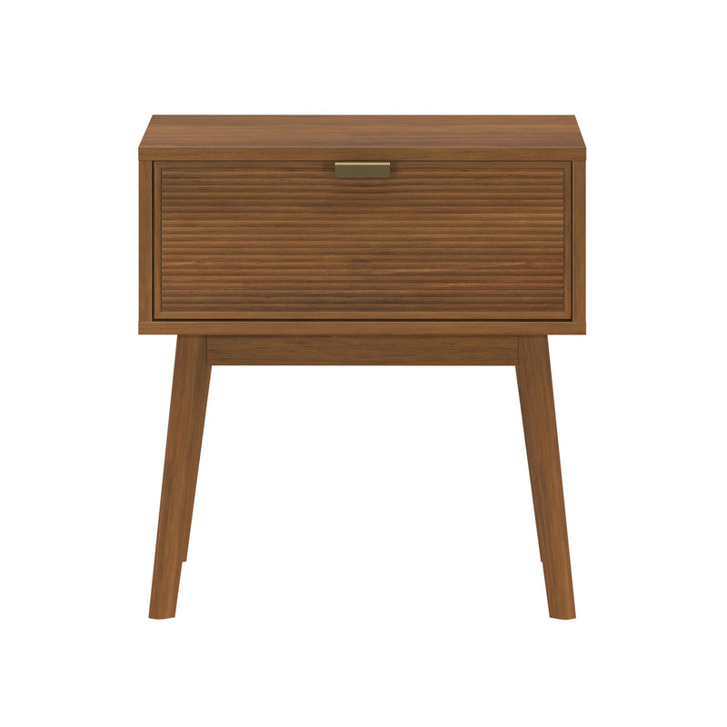 Mid-century modern walnut nightstand bedside table with tambour door, brass pull handle and tapered legs