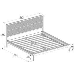 Slatted wood platform bed frame with tall paneled headboard, mid-century modern tapered legs; dimensions 84 in W × 85 in L × 45 in H, 13 in footboard height and 8 in underbed clearance — mattress-ready without box spring.