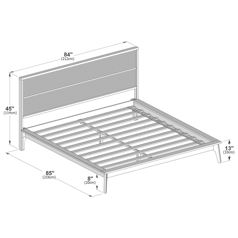 Slatted wood platform bed frame with tall paneled headboard, mid-century modern tapered legs; dimensions 84 in W × 85 in L × 45 in H, 13 in footboard height and 8 in underbed clearance — mattress-ready without box spring.