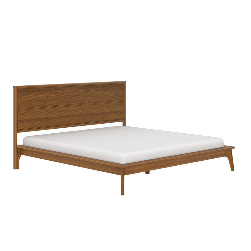 Mid-century modern walnut-tone wooden platform bed frame with slatted headboard and low-profile white mattress, contemporary bedroom furniture