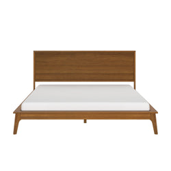 Mid-century modern wooden platform bed frame with slatted headboard, warm wood finish and angled legs, topped with white mattress, isolated on white background