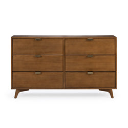 Mid-century modern six-drawer walnut dresser with ribbed drawer fronts, brass pulls and tapered legs, ideal bedroom or living room storage
