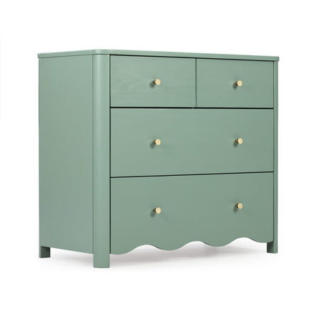 Sage green wooden four-drawer dresser chest with brass knob handles and scalloped base, ideal bedroom or nursery storage