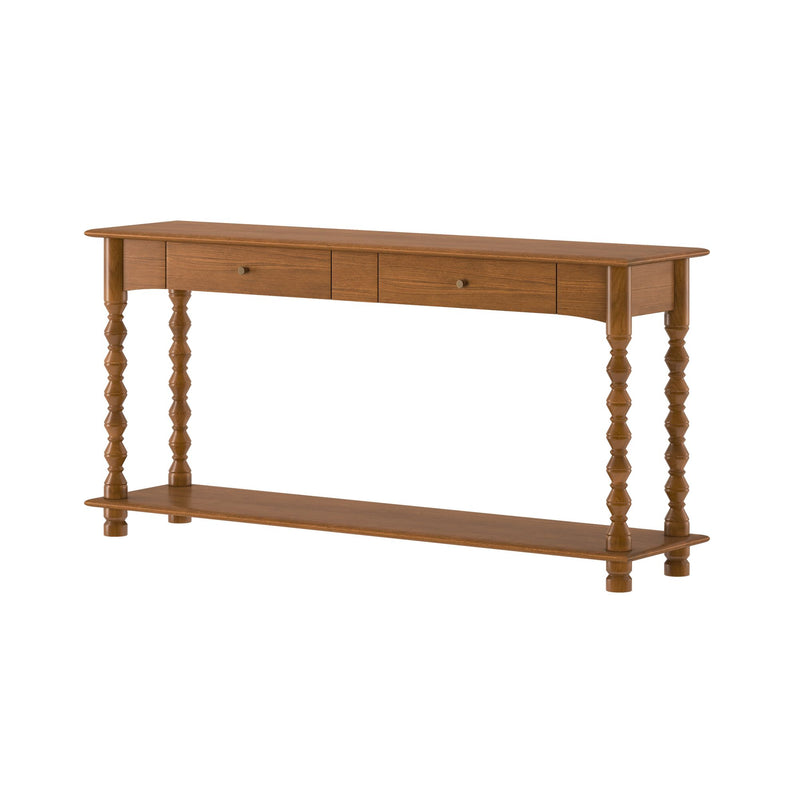 Traditional brown oak console table with turned spindle legs, two drawers with round knobs and lower shelf — entryway/hallway accent table