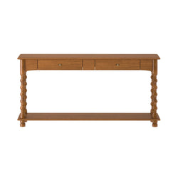 Oak finish wooden console table with turned spindle legs, two drawers and lower shelf, rustic entryway hall table
