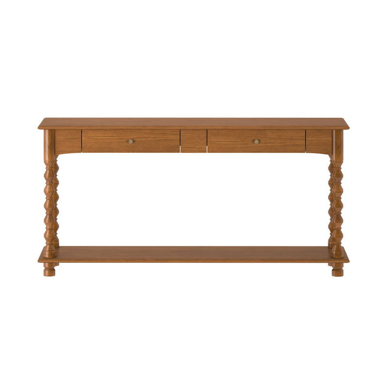 Oak finish wooden console table with turned spindle legs, two drawers and lower shelf, rustic entryway hall table
