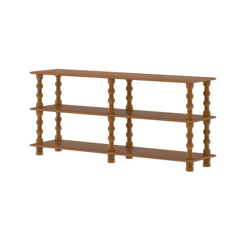 Mid-century wooden shelf with turned spindle legs, three-tier open shelving in warm brown oak for living room decor