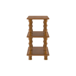 Three-tier wooden side table with carved turned spindle legs and oak finish on white background