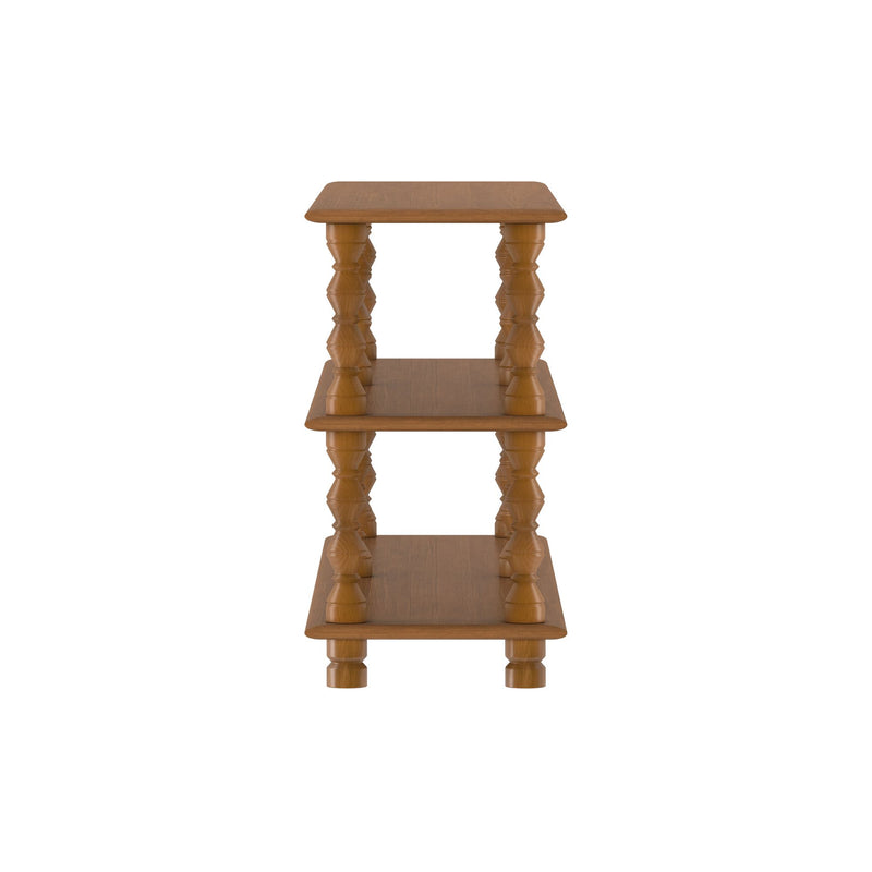 Three-tier wooden side table with carved turned spindle legs and oak finish on white background