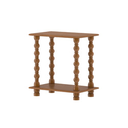 Wooden two-tier side table with turned spindle legs and warm brown finish on white background