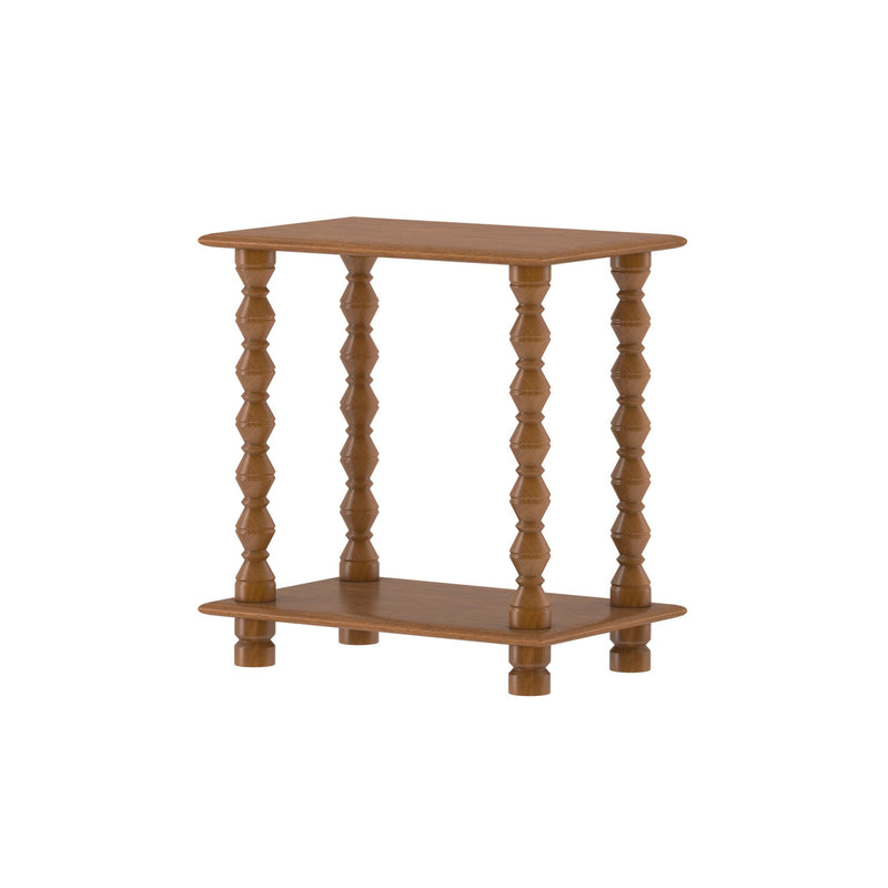 Wooden two-tier side table with turned spindle legs and warm brown finish on white background