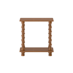 Small wooden two-tier accent table with turned spindle legs on white background