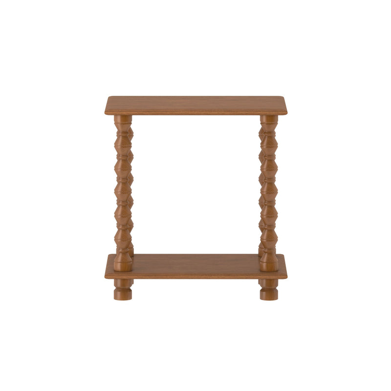 Small wooden two-tier accent table with turned spindle legs on white background