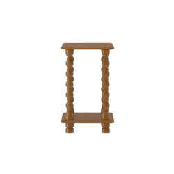 Small oak side table with turned spindle legs, vintage handcrafted accent table isolated on white background