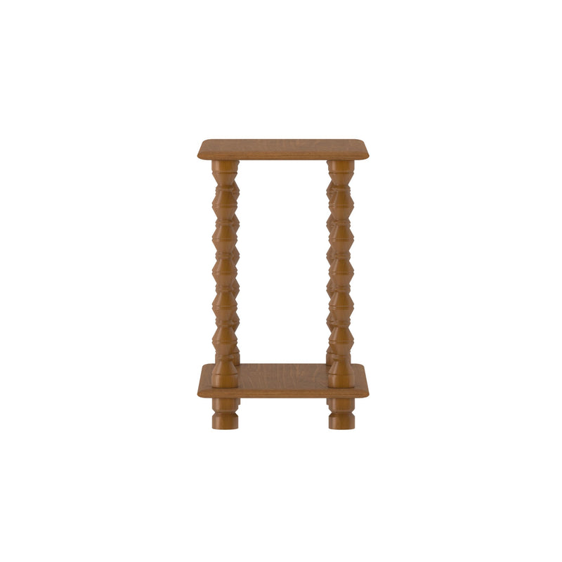 Small oak side table with turned spindle legs, vintage handcrafted accent table isolated on white background