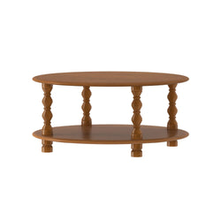 Two-tier round wooden side table with turned spindle legs and medium brown finish