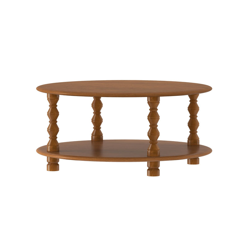 Two-tier round wooden side table with turned spindle legs and medium brown finish