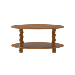 Round two-tier wooden side table with turned spindle legs and medium brown finish, vintage rustic solid-wood accent table