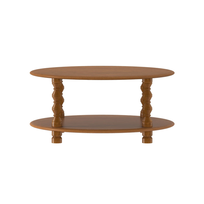 Round two-tier wooden side table with turned spindle legs and medium brown finish, vintage rustic solid-wood accent table