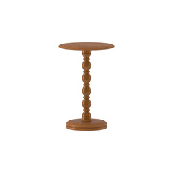 Round oak pedestal side table with turned spindle column, isolated on white background