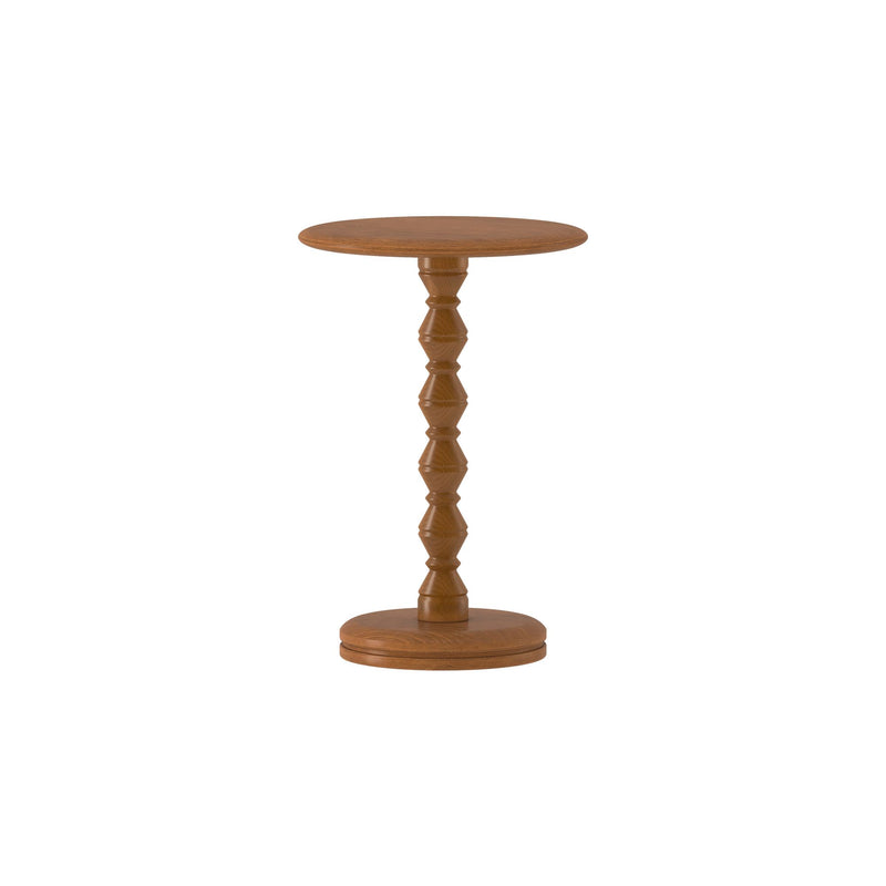 Round oak pedestal side table with turned spindle column, isolated on white background