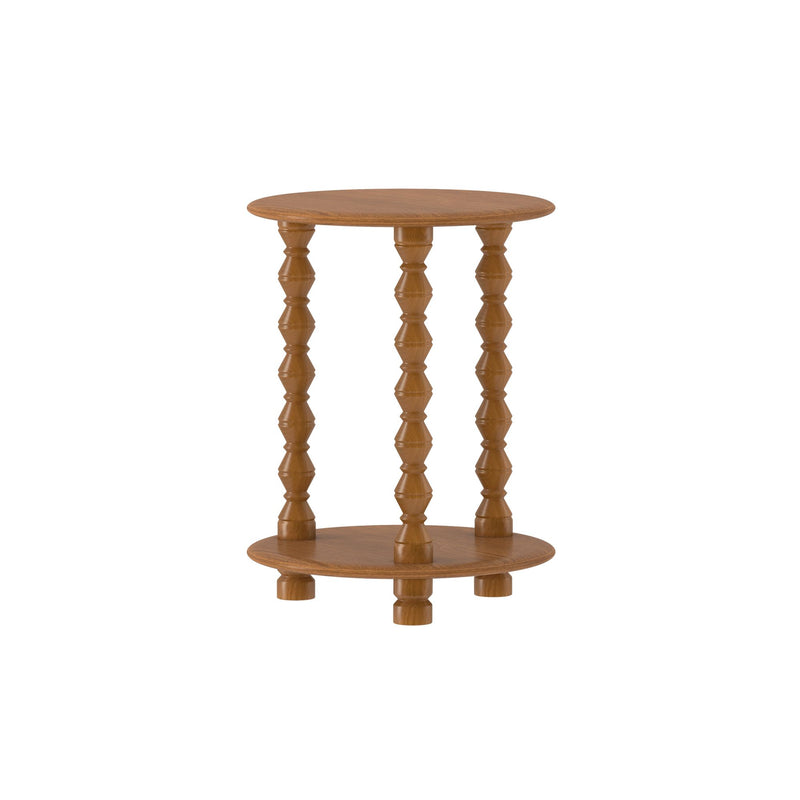 Round oak side table with turned spindle legs and rustic wood finish, isolated on white background