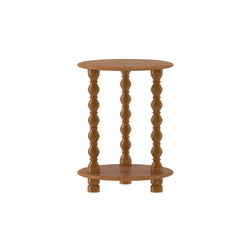 Round wooden two-tier accent table with turned spindle legs and oak finish on white background