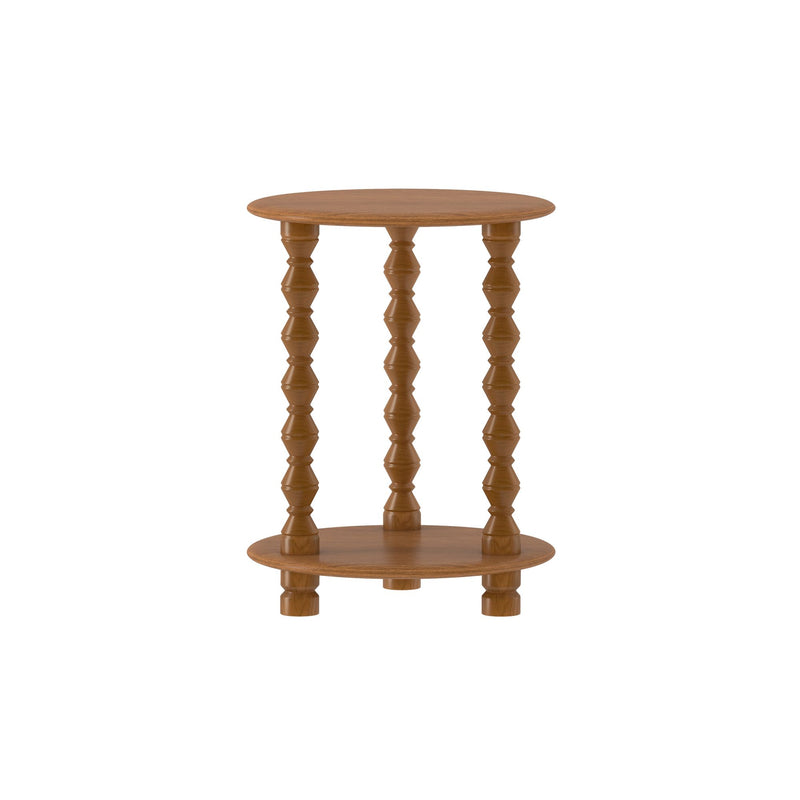 Round wooden two-tier accent table with turned spindle legs and oak finish on white background