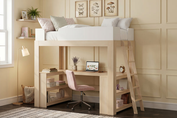 Light wood loft bed with built-in desk and ladder, pink swivel chair, laptop and shelves creating a cozy study nook in a neutral kids' bedroom