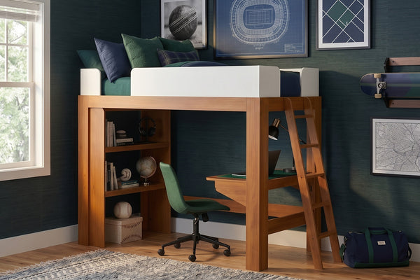 Wooden loft bed with built-in desk and shelves, green bedding and swivel chair creating a study nook in a modern kids' bedroom with navy-green walls and skateboard on the wall
