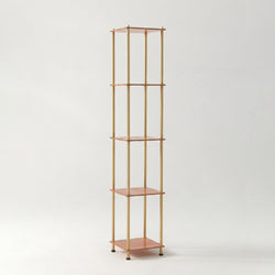 Minimalist tall shelving unit with wooden shelves and gold brass poles on white background, modern display shelf for living room, entryway, or plant stand