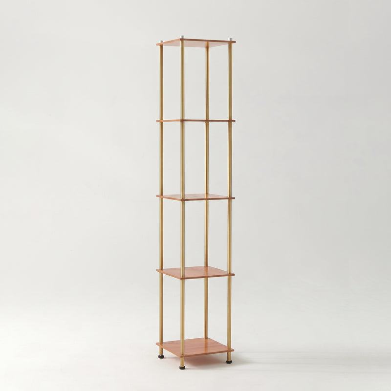 Minimalist tall shelving unit with wooden shelves and gold brass poles on white background, modern display shelf for living room, entryway, or plant stand