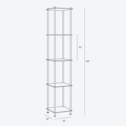 Technical line drawing of a narrow 4-tier shelving unit with metal posts and adjustable feet, dimensions 12 in x 12 in x 63 in, 15 in shelf spacing