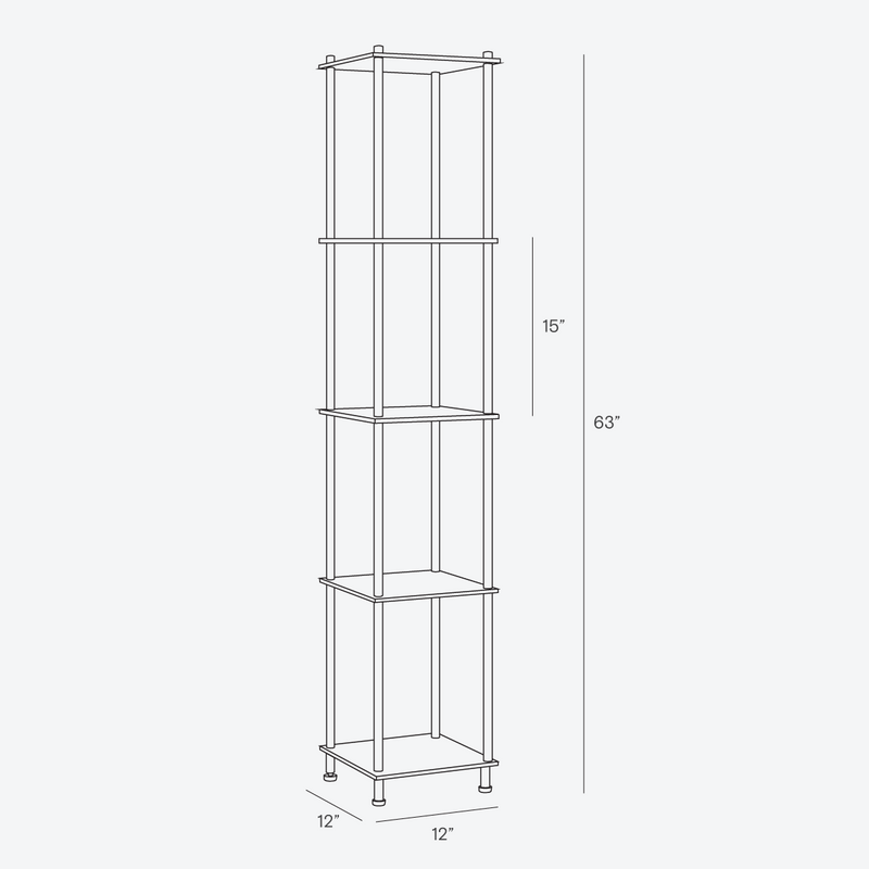Technical line drawing of a narrow 4-tier shelving unit with metal posts and adjustable feet, dimensions 12 in x 12 in x 63 in, 15 in shelf spacing
