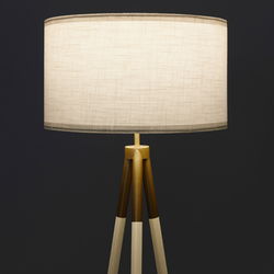 Modern tripod floor lamp with beige linen drum shade, gold accent and wooden legs, stylish living room lighting