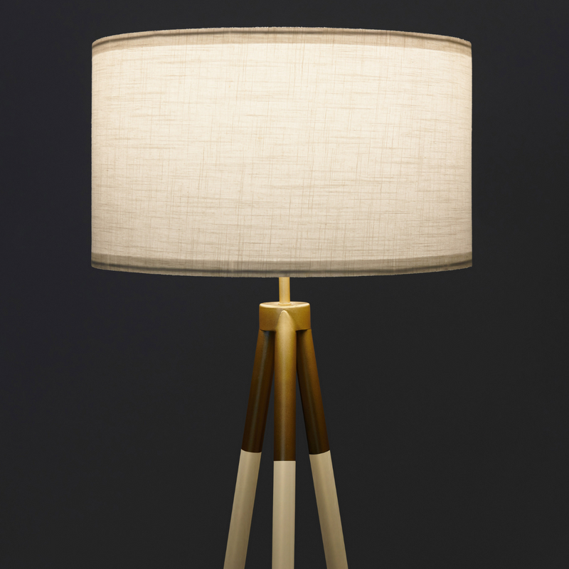 Modern tripod floor lamp with beige linen drum shade, gold accent and wooden legs, stylish living room lighting