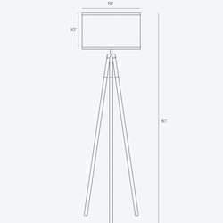 Dimensional line drawing of a tripod floor lamp (61-inch height) with a 19-inch drum shade and 10-inch shade height on a white background