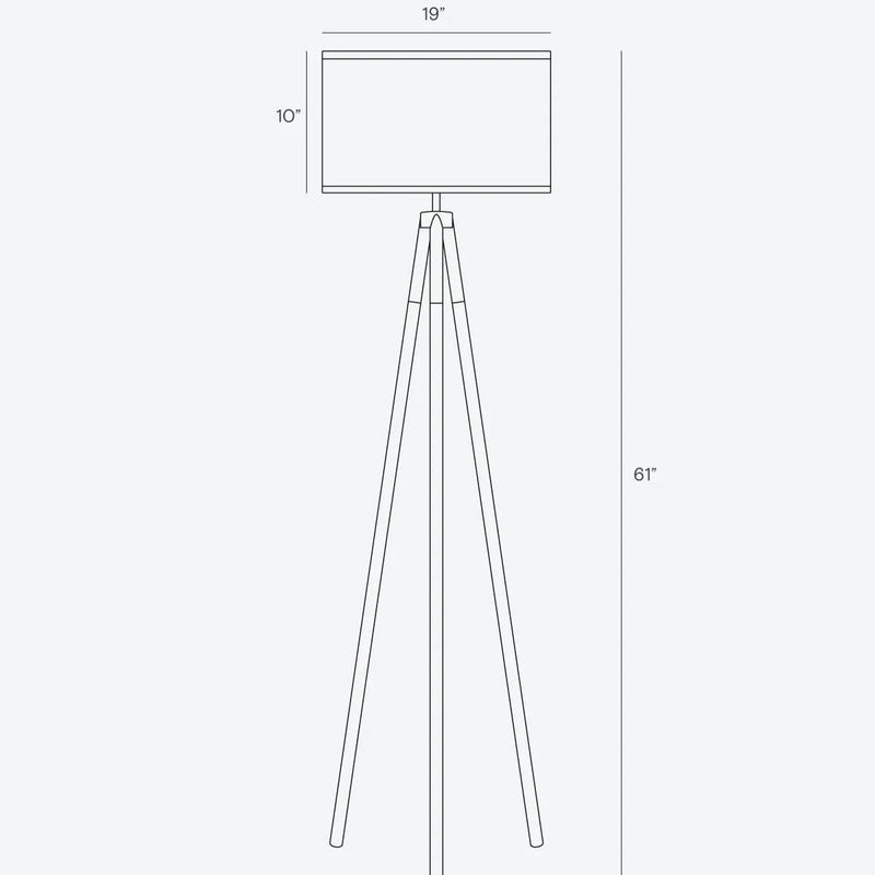 Dimensional line drawing of a tripod floor lamp (61-inch height) with a 19-inch drum shade and 10-inch shade height on a white background