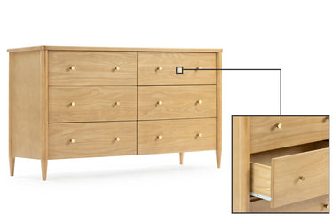 Light natural wood six-drawer mid-century modern dresser with tapered legs and gold-tone knobs, close-up of open drawer and metal slides