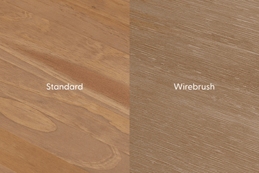 Close-up side-by-side comparison of standard wood grain and wire-brushed wood finish showing natural brown wood texture and linear brushed grooves