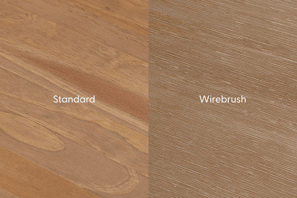 Close-up side-by-side comparison of standard wood grain and wire-brushed wood finish showing natural brown wood texture and linear brushed grooves