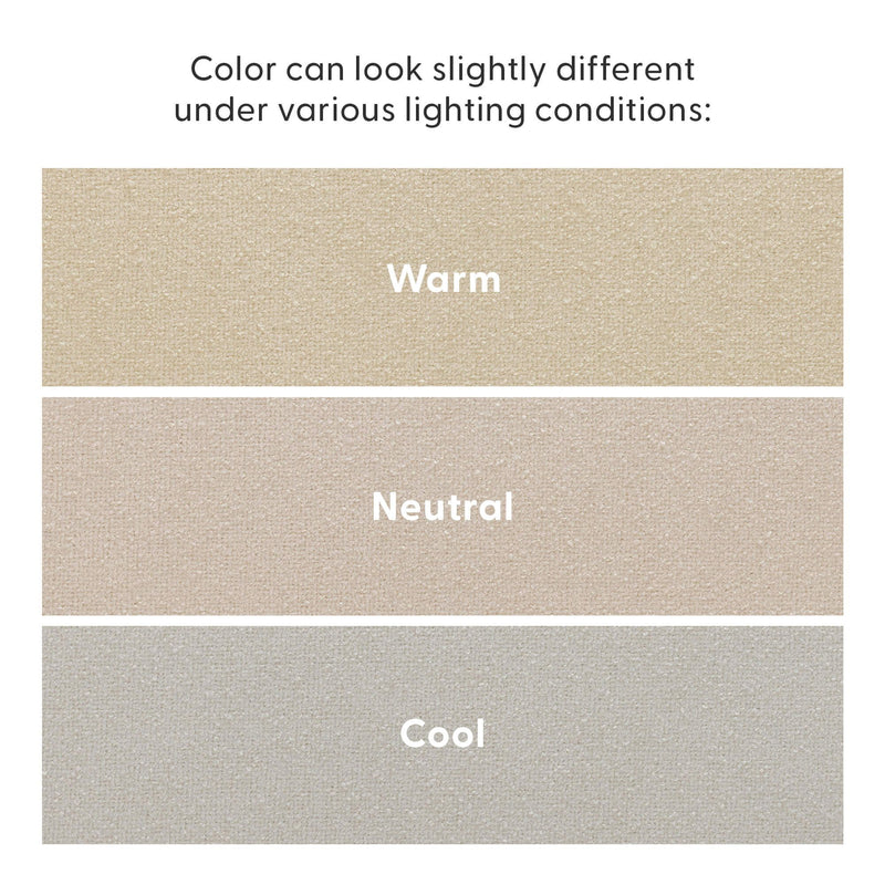 Three fabric swatches labeled Warm, Neutral, Cool showing how beige color shifts under different lighting conditions — color temperature comparison for paints and textiles