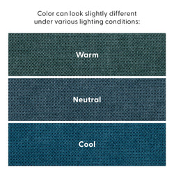 Comparison of blue upholstery fabric color under warm, neutral, and cool lighting—three textured fabric swatches labeled Warm, Neutral, Cool