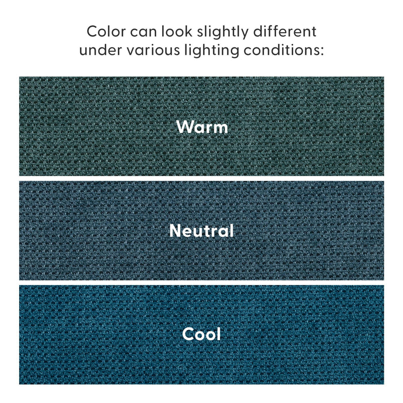 Comparison of blue upholstery fabric color under warm, neutral, and cool lighting—three textured fabric swatches labeled Warm, Neutral, Cool