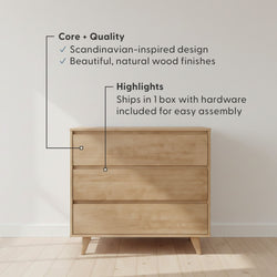 Scandinavian-inspired natural wood three-drawer dresser with tapered legs, mid-century modern chest of drawers — ships in one box with hardware included for easy assembly