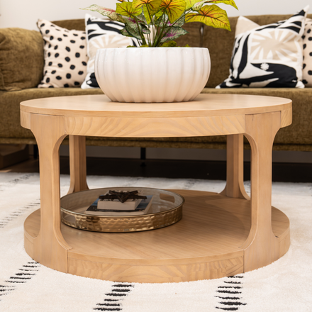 Round light-wood coffee table with white ceramic planter and green houseplant, decorative tray with books on lower shelf in a modern living room with patterned accent pillows and neutral rug.