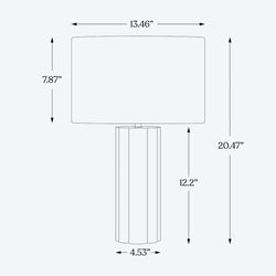 Table lamp dimensions diagram: overall height 20.47", shade 13.46" wide x 7.87" high, base height 12.2" and base diameter 4.53" — modern fluted cylindrical base with rectangular drum shade