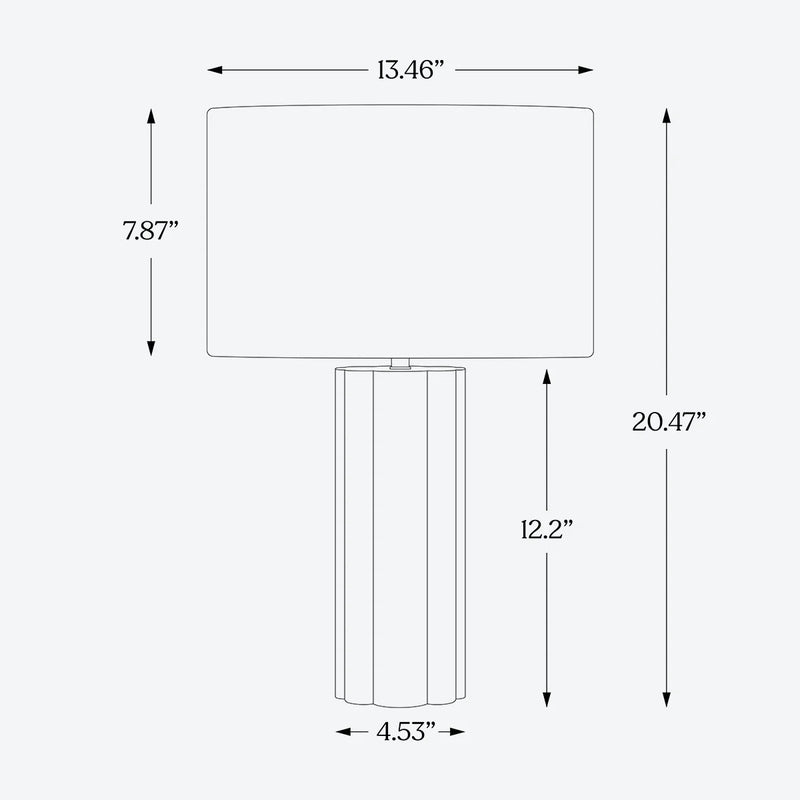 Table lamp dimensions diagram: overall height 20.47", shade 13.46" wide x 7.87" high, base height 12.2" and base diameter 4.53" — modern fluted cylindrical base with rectangular drum shade
